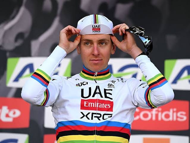 Tadej Pogačar in action during a high-intensity cycling race stage