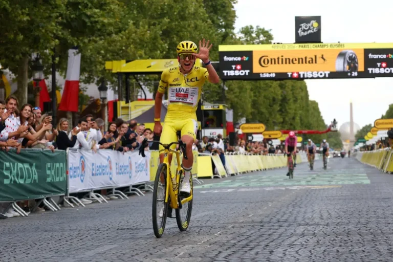 2026 Tour de France winner Tadej Pogačar celebrating on SportViaX cycling archive