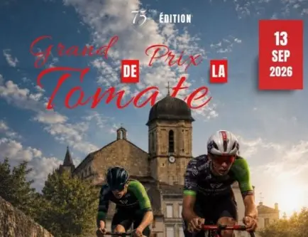 Poster for the 75th Grand Prix Tomate cycling race, scheduled for September 13, 2026, with cyclists in front of a church