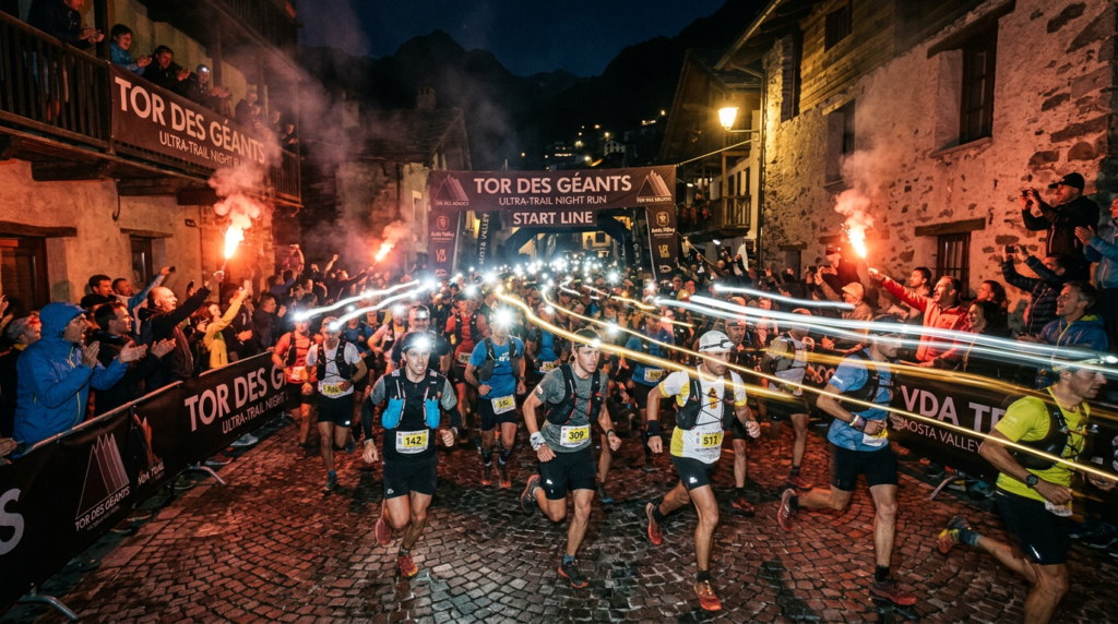 Ultra-trail runners starting beneath a Tor des Géants banner at night