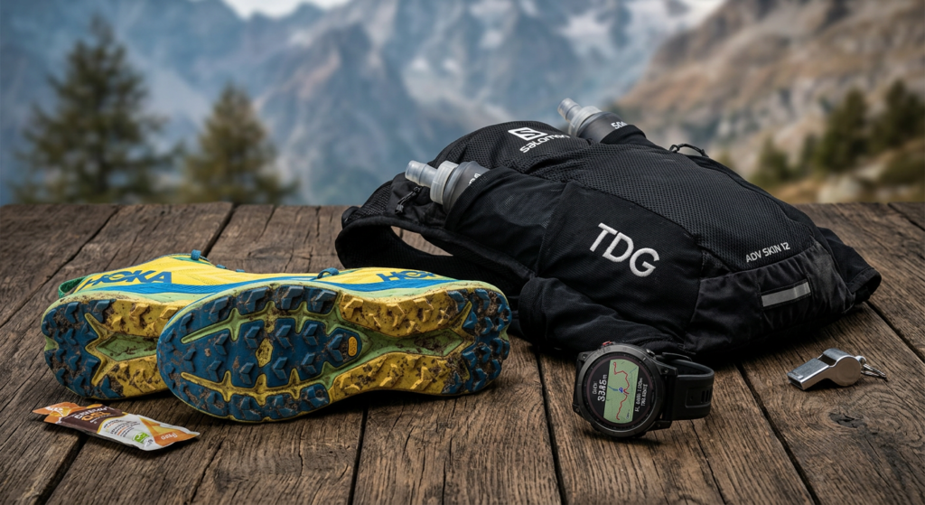 Hiking shoes, hydration backpack, GPS watch, whistle, and energy gel on wooden table