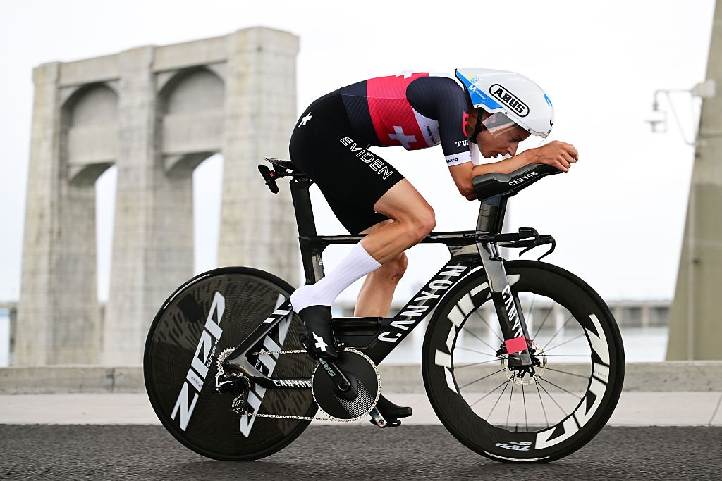 Professional female cyclist rolling off the start ramp at the 2026 UEC European Road Championships Time Trial.