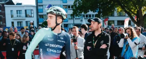Professional cyclists wearing new WorldTour team jerseys during contract announcements.