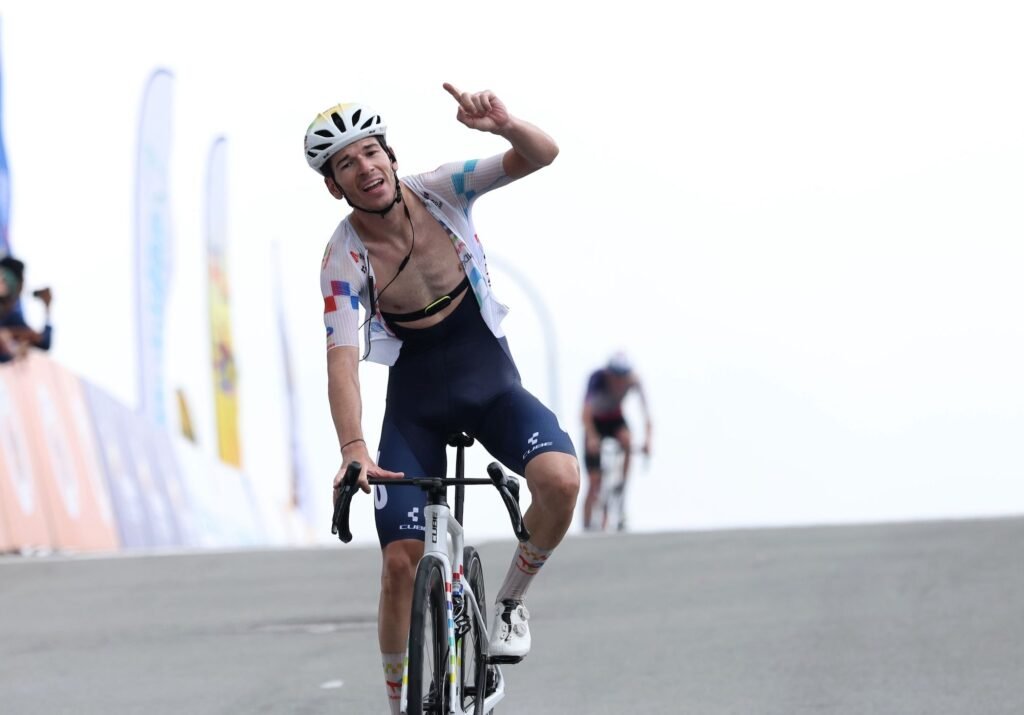 Cyclists climbing the steep winding hairpins of the Nongla Scenic Area during the Tour of Guangxi queen stage.
