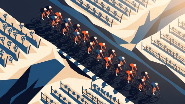 Illustration: the peloton on a rolling country road