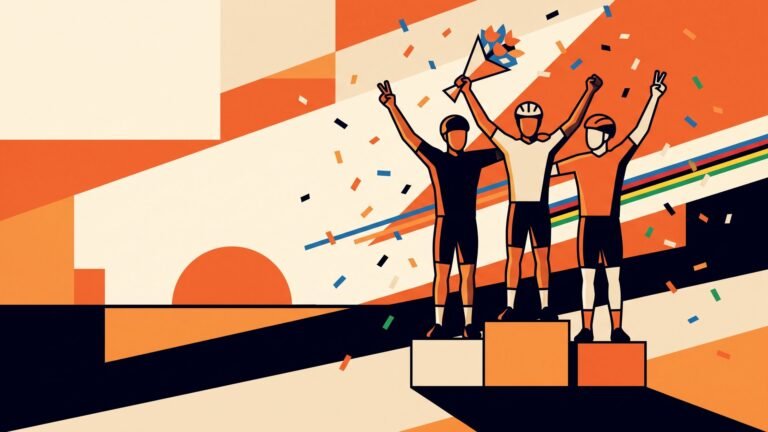 Illustration: three riders on a podium
