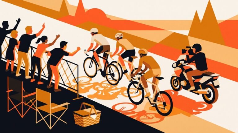 Illustration: fans along a barrier as riders pass