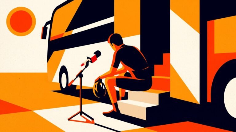 Illustration: a rider sitting on the step of a team bus after a race