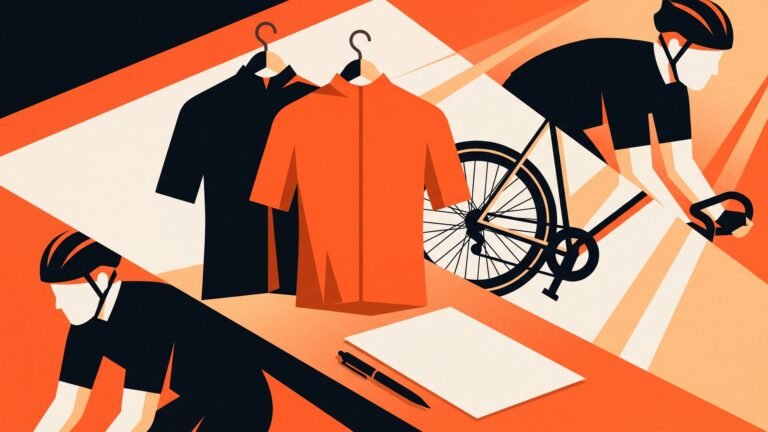 Illustration: two cycling jerseys on hangers and a blank contract sheet
