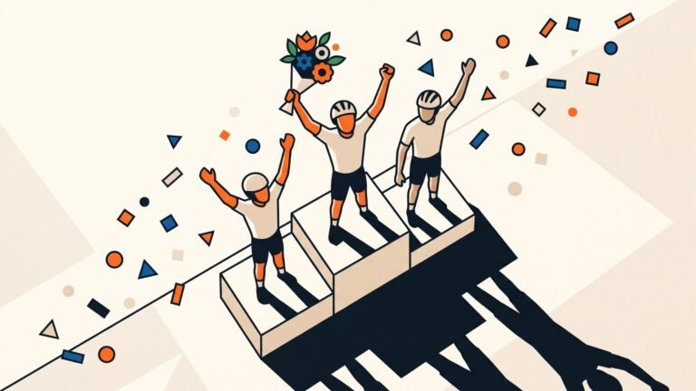 Illustration: three riders on a podium