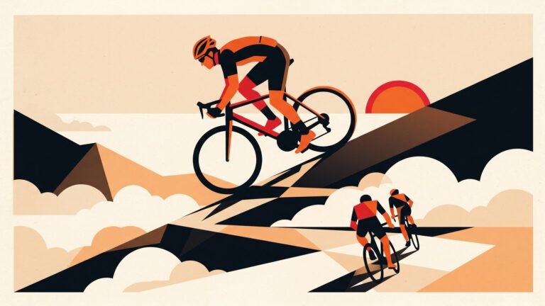 Illustration: riders climbing a switchback mountain road