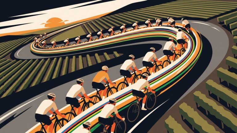 Illustration: the peloton on a rolling country road