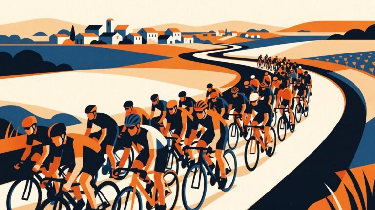 Illustration: the peloton on a rolling country road