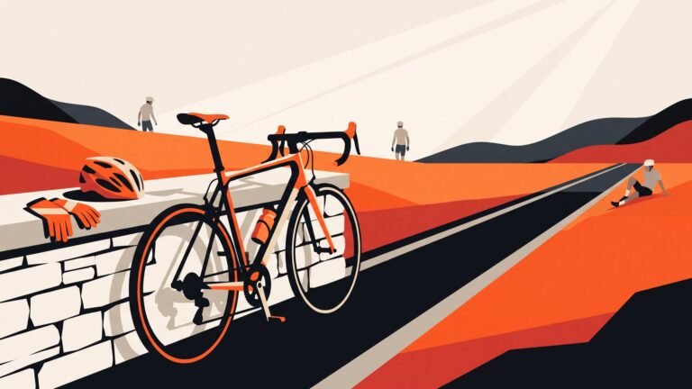 Illustration: a road bike resting against a wall by an empty road