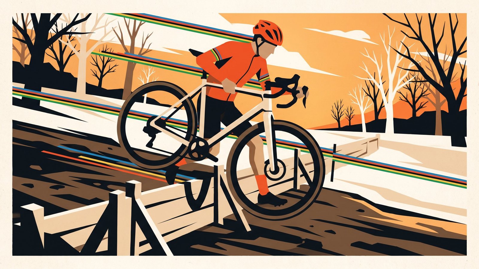 Illustration: a cyclocross rider carrying the bike over barriers in the mud