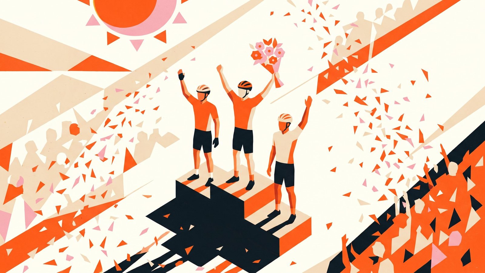 Illustration: three riders on a podium