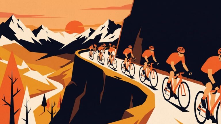 Illustration: riders climbing a switchback mountain road
