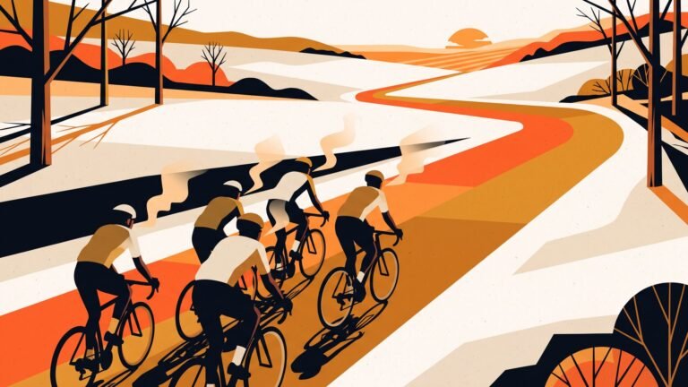 Illustration: a group of amateur riders on a country road at sunrise