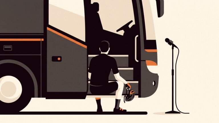 Illustration: a rider sitting on the step of a team bus after a race