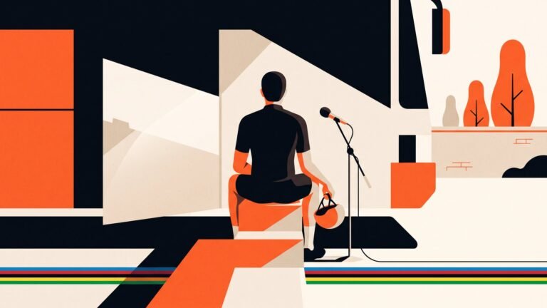 Illustration: a rider sitting on the step of a team bus after a race