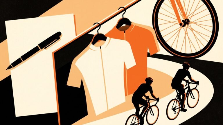 Illustration: two cycling jerseys on hangers and a blank contract sheet
