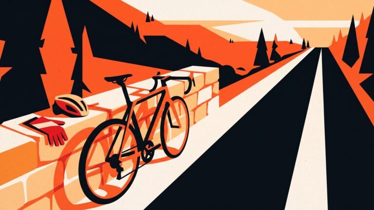 Illustration: a road bike resting against a wall by an empty road