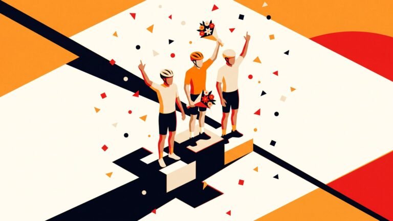 Illustration: three riders on a podium