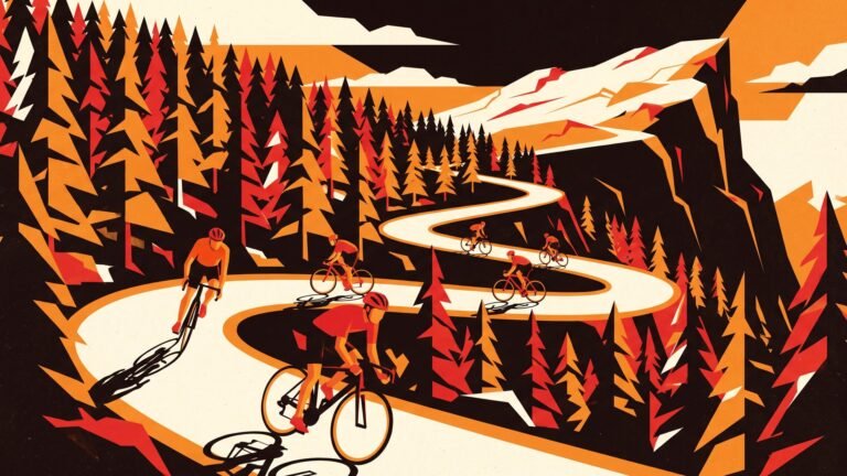 Illustration: riders climbing a switchback mountain road