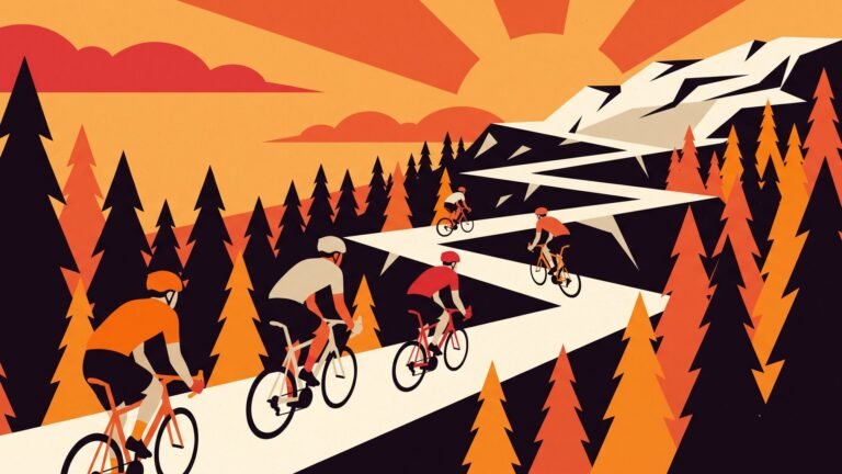 Illustration: riders climbing a switchback mountain road