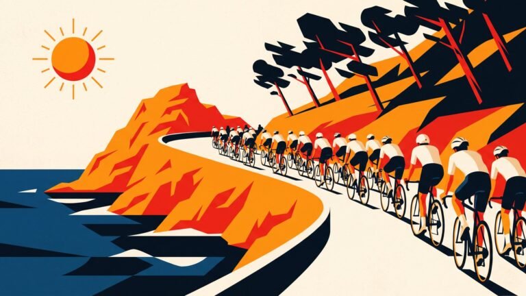 Illustration: the peloton on a coastal road above the sea