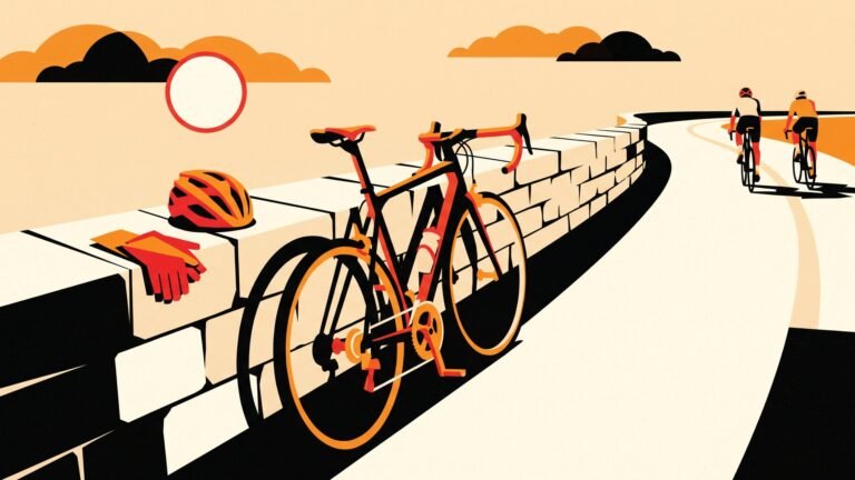 Illustration: a road bike resting against a wall by an empty road