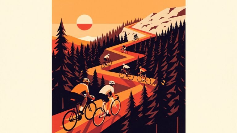 Illustration: riders climbing a switchback mountain road