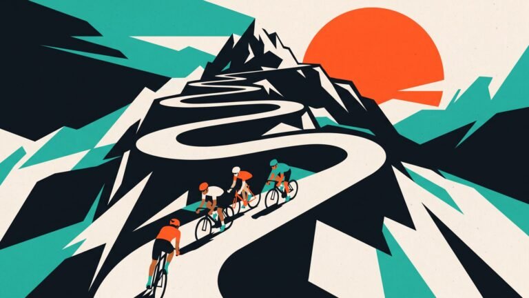 Illustration: riders climbing a switchback mountain road