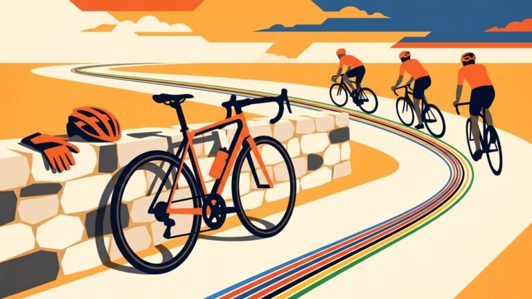 Illustration: a road bike resting against a wall by an empty road
