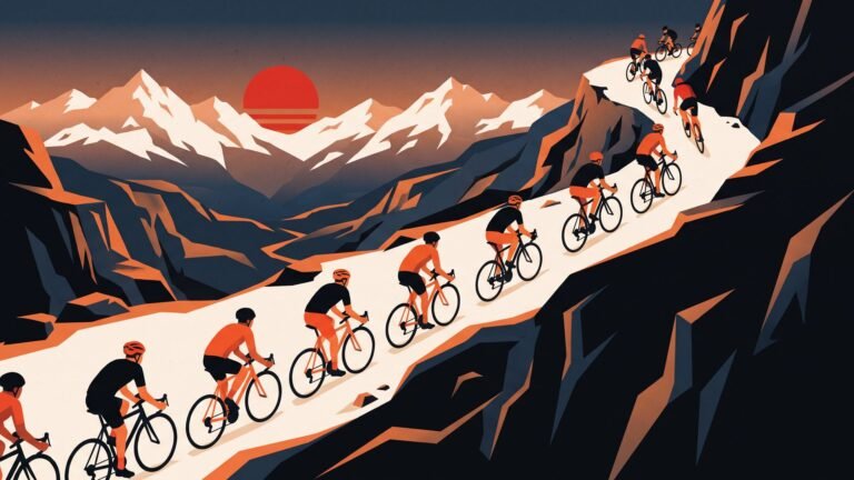 Illustration: riders climbing a switchback mountain road