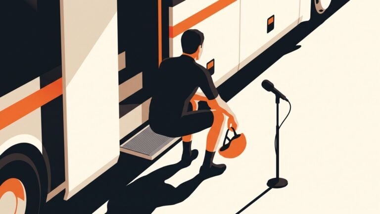 Illustration: a rider sitting on the step of a team bus after a race