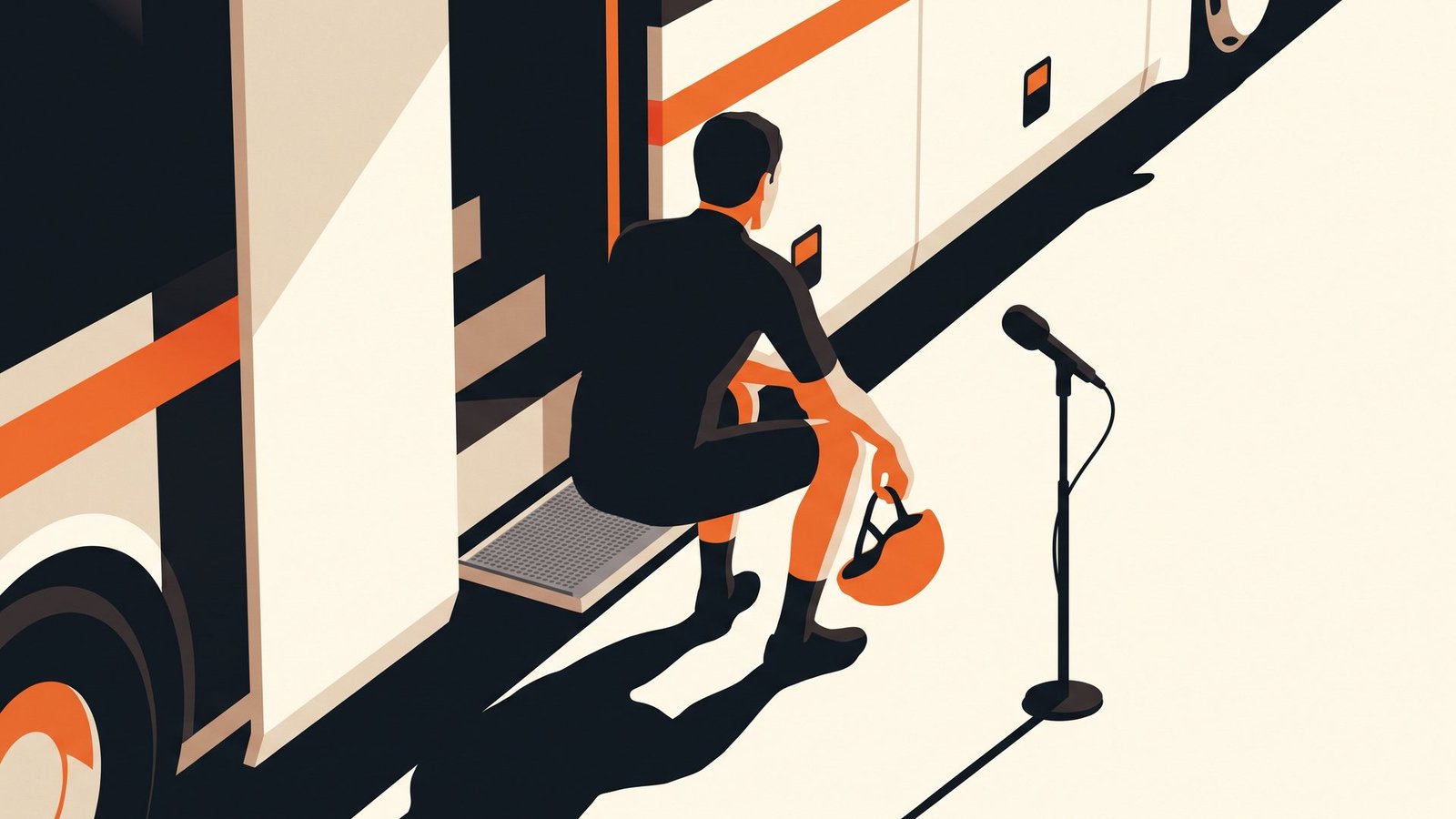 Illustration: a rider sitting on the step of a team bus after a race