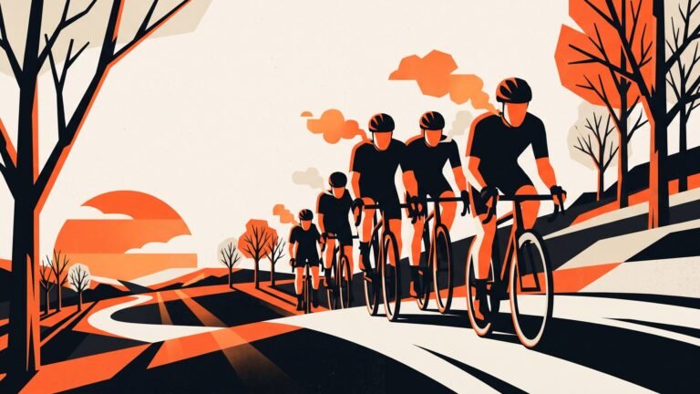 Illustration: a group of amateur riders on a country road at sunrise