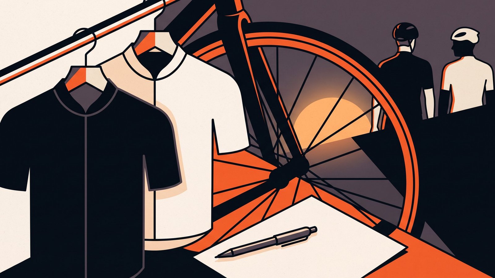 Illustration: two cycling jerseys on hangers and a blank contract sheet