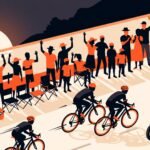 Illustration: fans along a barrier as riders pass