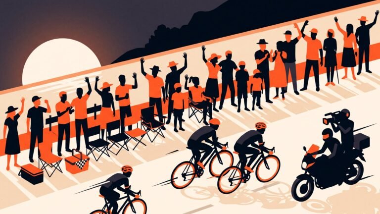 Illustration: fans along a barrier as riders pass