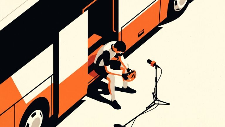 Illustration: a rider sitting on the step of a team bus after a race