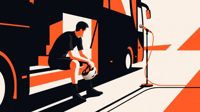 Illustration: a rider sitting on the step of a team bus after a race