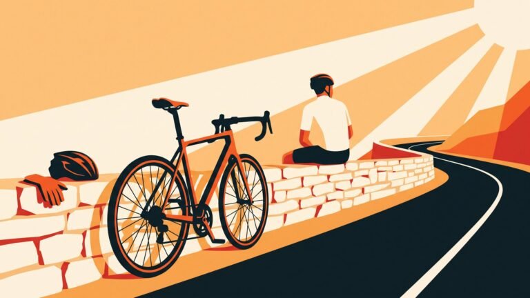 Illustration: a road bike resting against a wall by an empty road