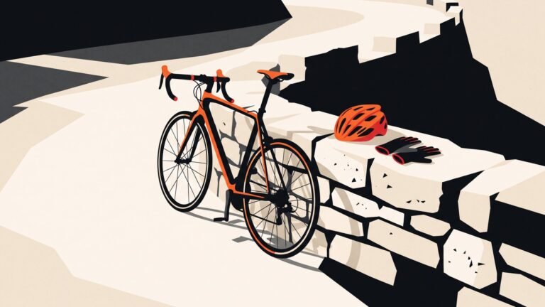 Illustration: a road bike resting against a wall by an empty road