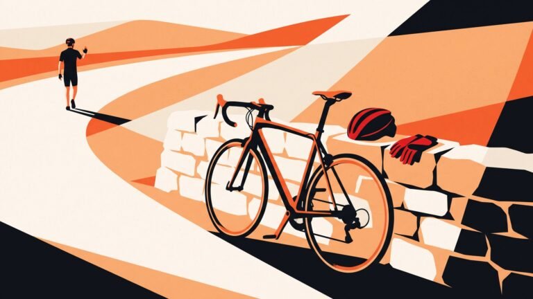 Illustration: a road bike resting against a wall by an empty road