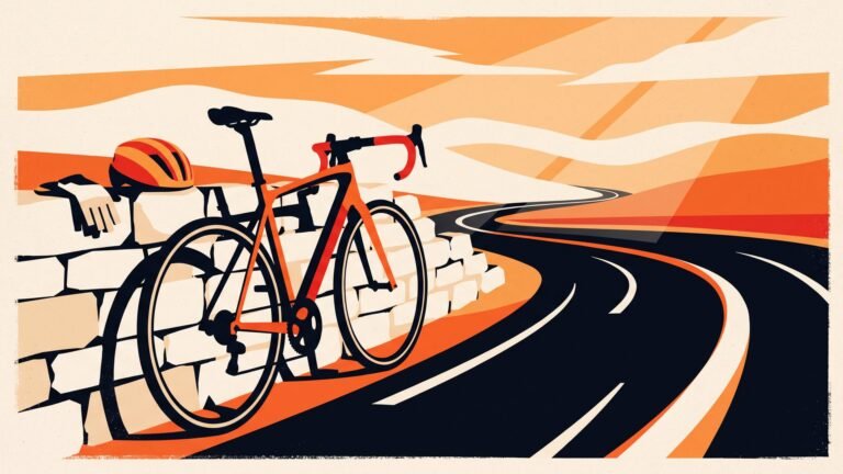 Illustration: a road bike resting against a wall by an empty road