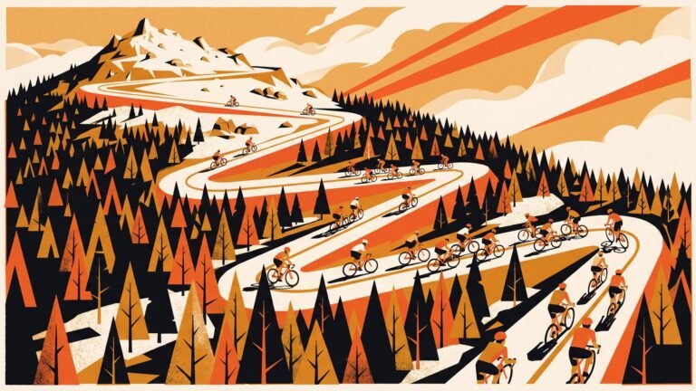 Illustration: riders climbing a switchback mountain road