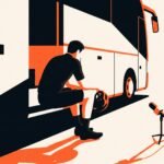 Illustration: a rider sitting on the step of a team bus after a race
