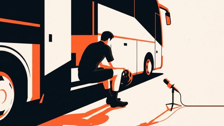 Illustration: a rider sitting on the step of a team bus after a race